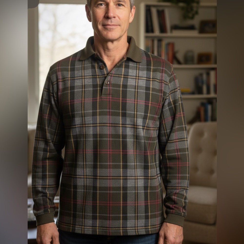 Christopher Rand Vintage Men's Plaid long sleeve Polo Shirt olive size Small